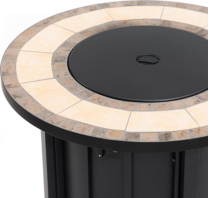 30'' Ceramic Round Propane Fire Pit Table, 50,000 BTU Steel Gas FirePit for Outdoor, Fire Table with Lid, Add Warmth & Ambience to Gatherings and Parties On Patio Deck Garden Backyard, Black.