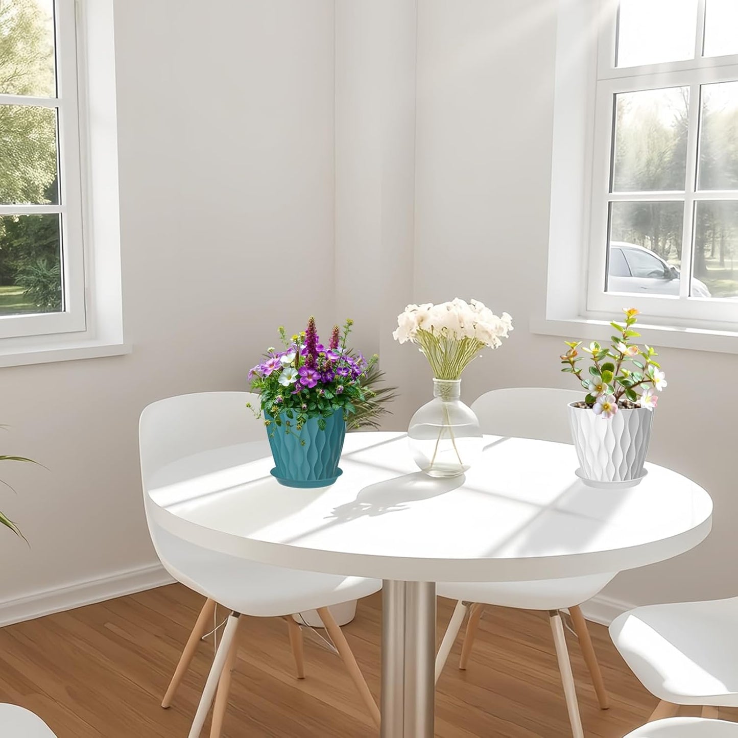 6 Pack 7 Inch Plant Pots with Drainage and Saucers, Multicolour Plastic Flower Pots for Indoor and Outdoor Plants, Stackable Nursery Planters for Houseplants and Herbs, Multicolour