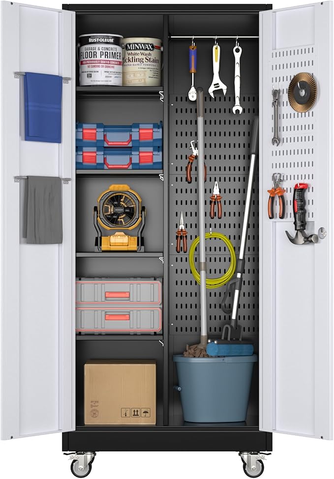 71" H Broom Closet Storage Cabinet with Wheels and Pegboard,Metal Garage Storage Cabinet with Lockable and Magnetic Doors,Adjustable Shelves for Garage Home Office,Required Assembly,Black and White