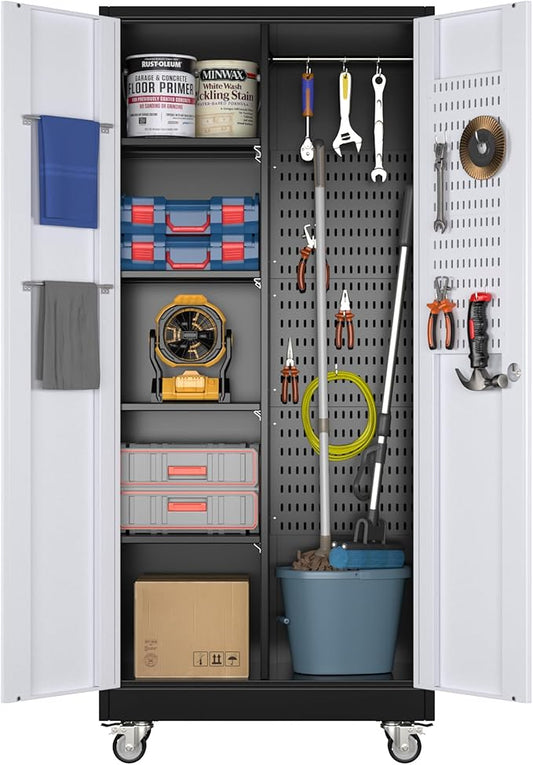 71" H Broom Closet Storage Cabinet with Wheels and Pegboard,Metal Garage Storage Cabinet with Lockable and Magnetic Doors,Adjustable Shelves for Garage Home Office,Required Assembly,Black and White