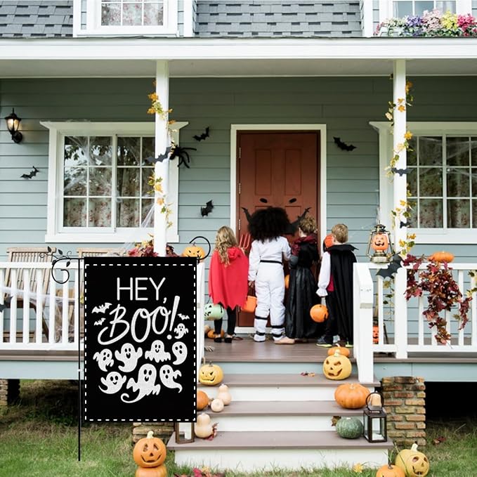 Fokongna Interesting Halloween Ghost Garden Flag, Halloween bat Ghost Hey Boo Garden Flag, 12x18 Inch Burlap Vertical Double Sided Flags, for Home Yard Outside Decorations