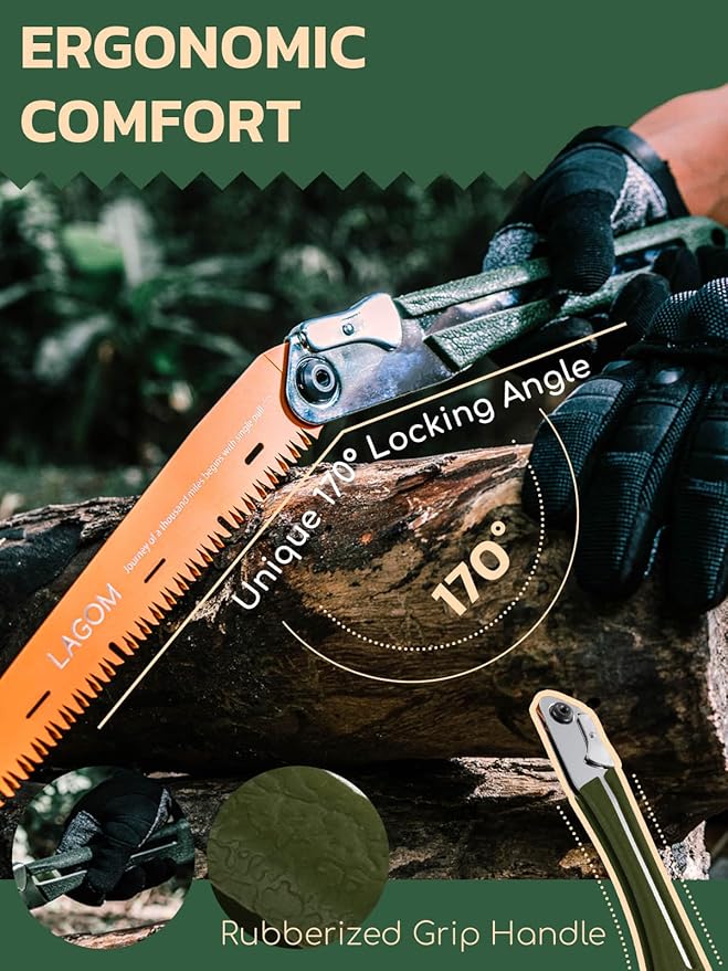 LAGOM Folding Camp Saw for Cutting Branches, 8.2" Straight Blade | SK5 Steel, Ergonomic Handle, One-Hand Use, Secure Lock | Foldable Pruning Tool for Camping, Gardening, Survival, Kayaking, Outdoors