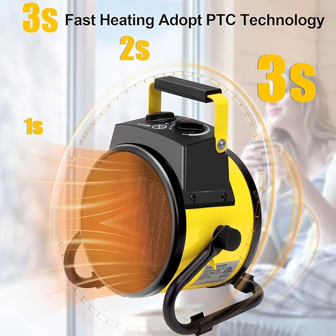 1500W Portable Garage Heater, Electric Outdoor Heater with Fast Heating & Overheat Protection, Patio and Greenhouse Space Heater for Indoor or Outdoor Use（Yellow）