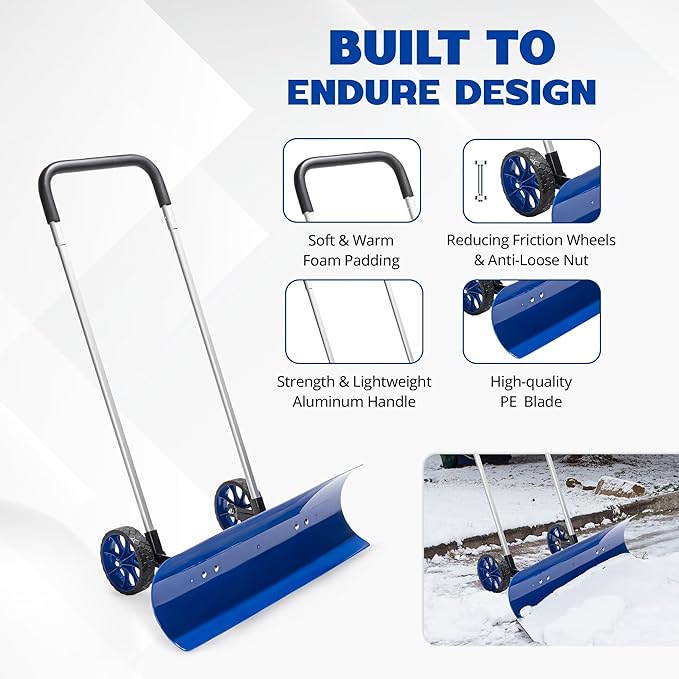 Idzo Efficient Snow Pusher, Snow Plow Shovel with 37-Inch Reversible and Bi-Directional Angled Blade, Snow Shovel with Wheels & Convenient 90 Degree Handle for Driveways, Sidewalks, Ice Hockey Rinks