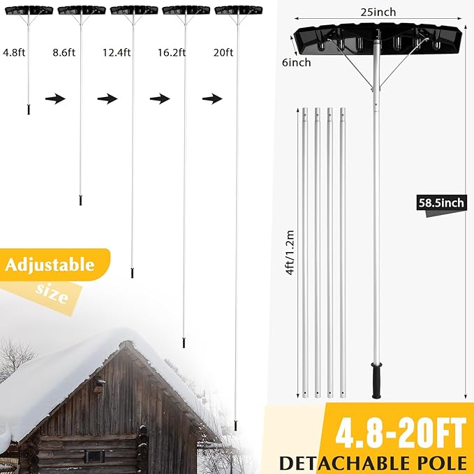 Gisafai Snow Roof Rake Snow Removal Tool with 5 Section Tubes 25 Inch Blade Adjustable 4.8-20 ft Reach Aluminum Shovel Rugged Slide for Single Cabins Car Roof(Black)