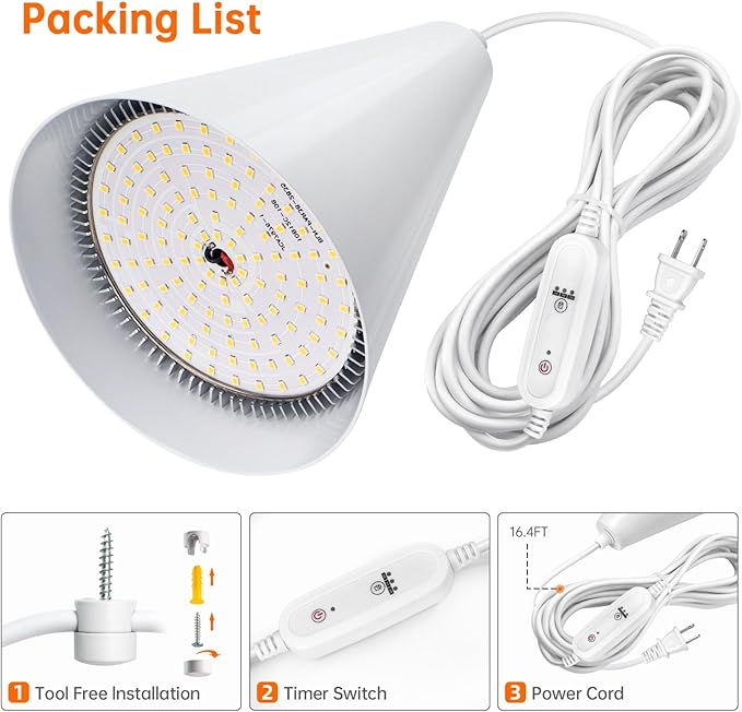 Hanging Grow Light, 25W Full Spectrum Plant Lights for Indoor Plants, 16.4FT Power Cord, 5000K with Timer Function