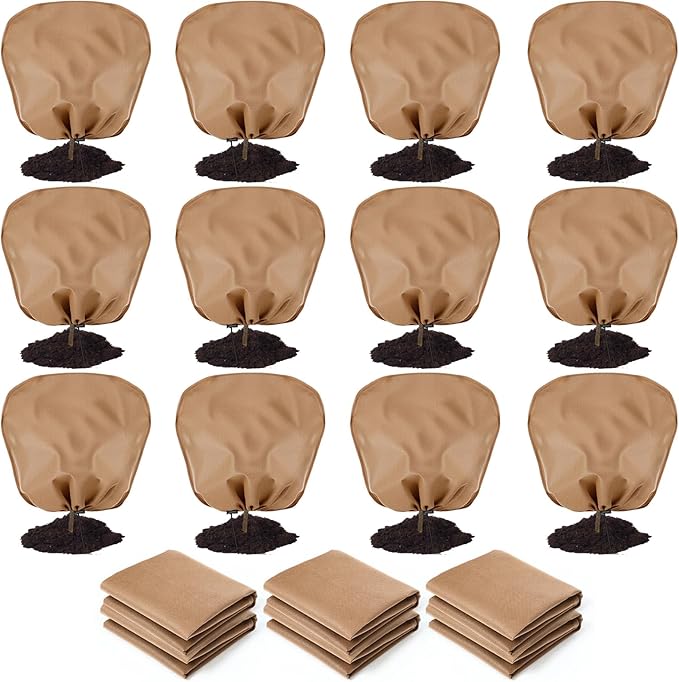 12 Pcs Winter Plant Covers Freeze Protection 39.4 x 39.4 Inch Horizontal Shrub Tree Rose Plant Protection Bags Frost Blanket with Drawstring for Fall Winter Outdoor Garden Planting, Brown
