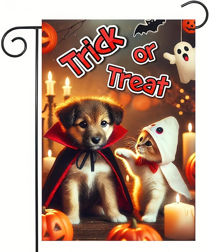 Halloween Garden Flag 12x18 Flag Dog And Cat Ghost Pumpkin Garden Flag Trick Or Treat Design With Puppy And Kitten Flag Outdoor Yard Lawn Patio Decoration Banner