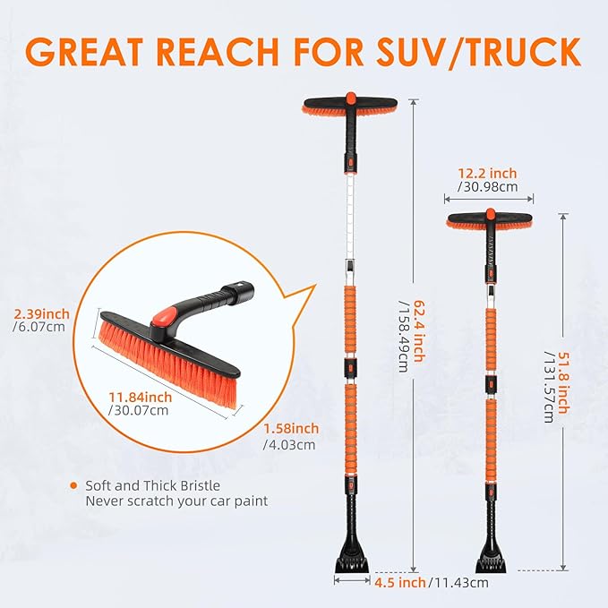 AstroAI 62.4" Ice Scrapers for Car Windshield and Extendable Snow Brush with Foam Grip and 360° Pivoting Brush Head for Christmas Car Auto Truck SUV(Orange)
