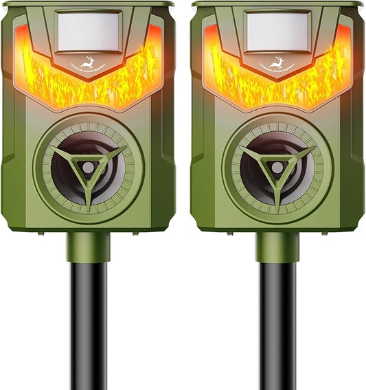 2 Pack of X-PEST Solar-Powered Ultrasonic Animal Repellent for Outdoor Yard, Waterproof Cat Deterrent with LED Flashing Lights and Motion Sensor,Effective to Repel Cats, Coyotes, Raccoons, and Deer