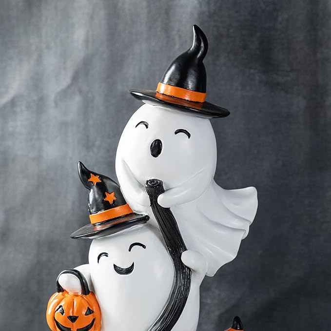 Glitzhome Halloween Front Porch Decor, 21.75" H Resin Stacked Ghost Standing Sign for Indoor Patio Party Decorations