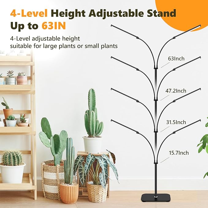 Plant Grow Light Dual Head, 40W Indoor Growing Lights,144LEDs Full Spectrum Wide Illumination Area, 63IN Adjustable Height Stand, 10 Dimmable, 3/9/12H Auto Timer, Floor Lamp for Plants Growth