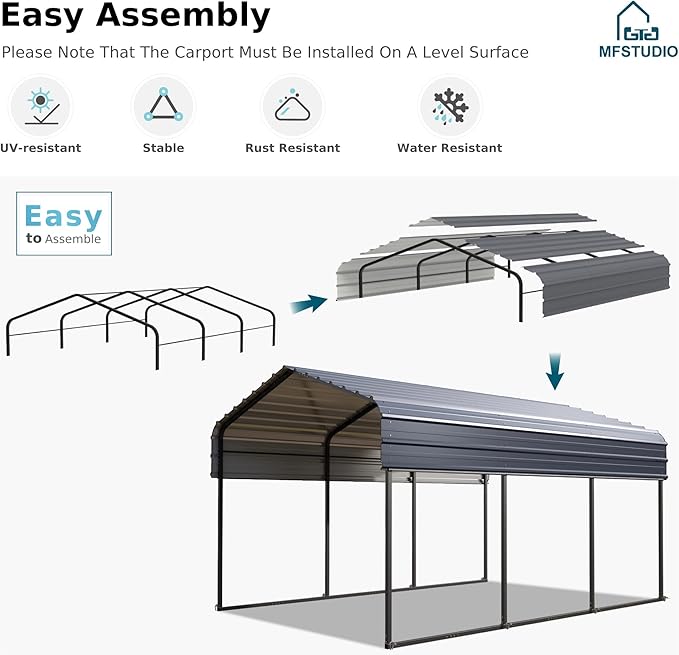 MFSTUDIO Carport 10x15 ft, Outdoor Heavy Duty Metal Shed Carports, Metal Garage Car Shelter Shade Car Port with Galvanized Roof, Frame and Bolts for Cars, Truck and Boats