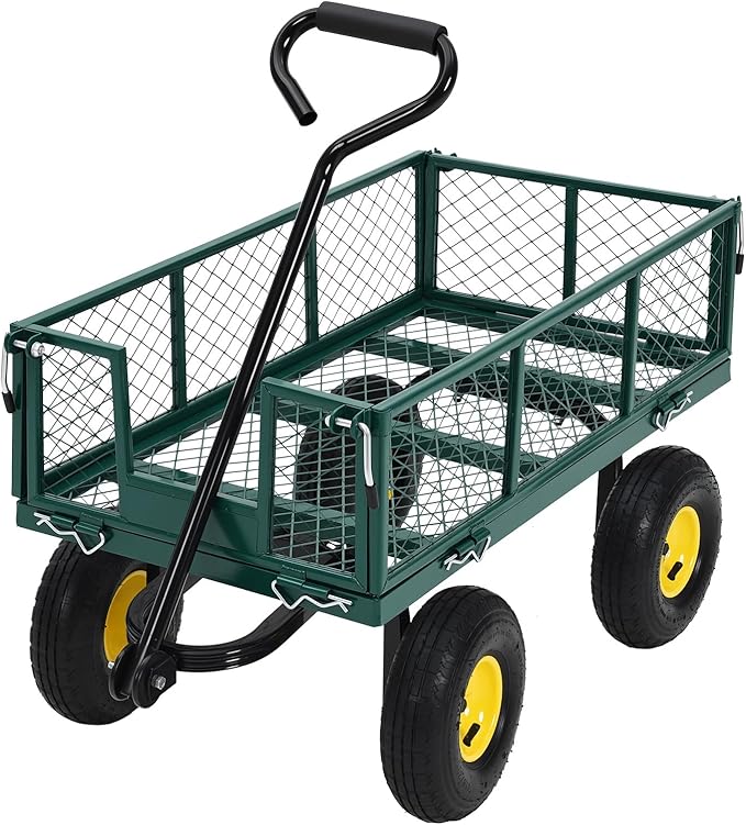 Steel Garden Cart on Wheels, 880LBS Pullable Metal Garden Wagon, 180° Rotating Handle and Removable Sides for Outdoor, Farm, Yard, Beach