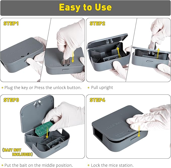 Mouse Stations with Keys 6 Pack, Keyless Design and Key Required Mouse Stations, Mice Stations, Keeps Children and Pets Safe Indoor & Outdoor, Gray