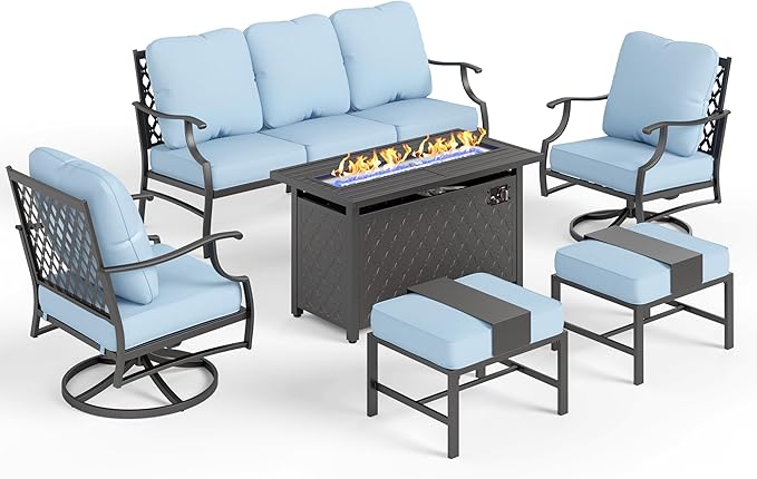 Patio Furniture Set, 6 Pcs Metal Outdoor Conversation Set, 2 Swivel Chairs, 2 Ottomans and 3 Seater Sofa with 5.75" Extra Thick Cushion and Gas Fire Pit Table, Blue