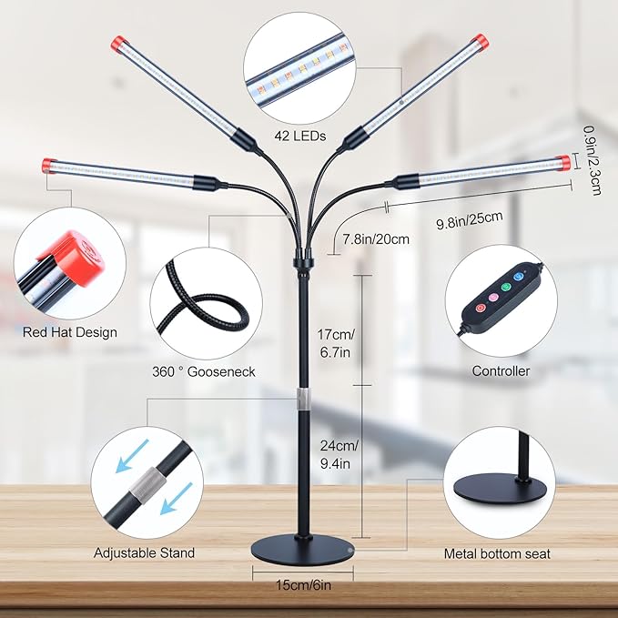 4-Head Desk Grow Lights for Indoor Plants, Seed Starting, Bonsai, Succulent, Cactus with Timer, 36W Table Top LED Plant Growing Lamps, Enough High-Intensity Like Sun, Best Gift for Plants Lover