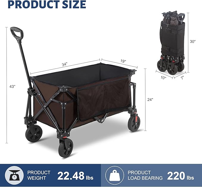 Collapsible Folding Wagon Cart, 220LBS Heavy Duty Foldable Utility Garden Cart with All Terrain Wheels & Side Storage Bag, Portable Sports Wagon for Camping, Shopping, Garden