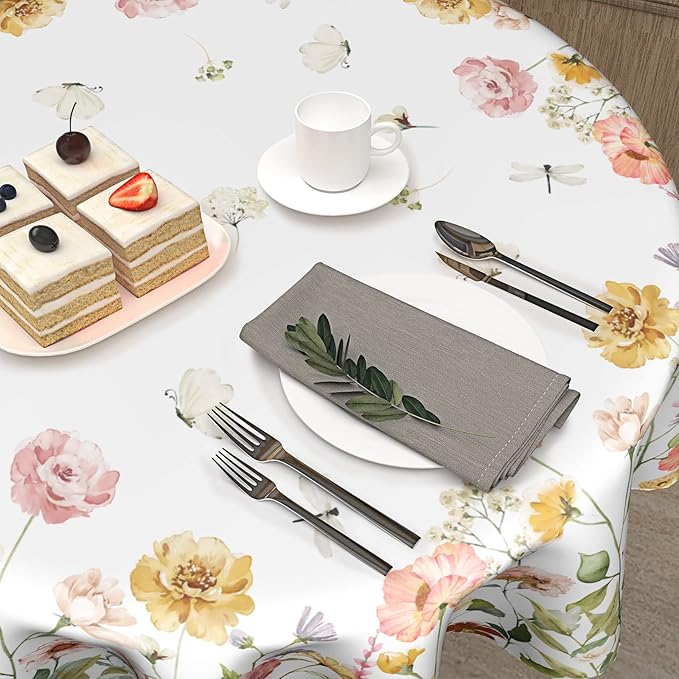 Summer Wildflower Round Tablecloth 60 Inch, Watercolor Floral Leaf Butterfly Table Cloth Rustic Vintage Farmhouse Polyester Cover for Dining Kitchen Room Outdoor Picnic Camping Party Holiday Decor