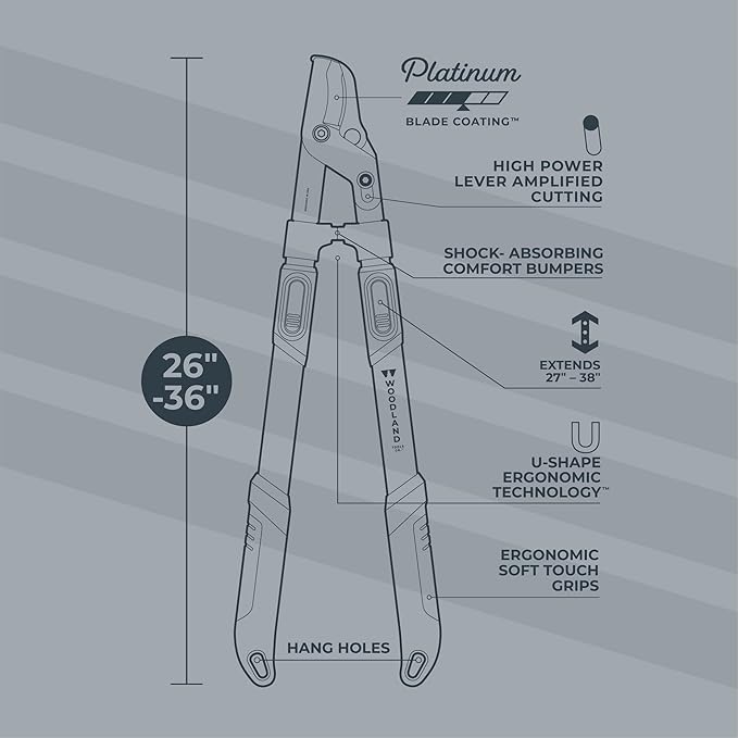 Woodland Tools Heavy Duty Extendable Lopper – 25 to 37 Inch Telescoping Branch Cutter with Lever-Action Bypass Blade – Manual Tree Limb Cutter for Thick Branches and Overhead Trimming