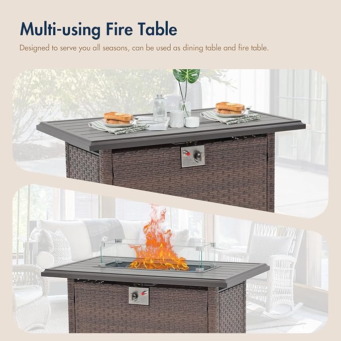 SUNSITT Outdoor Fire Pit Table 43 Inch Wicker Propane Fire Pit with Aluminum Tabletop 50,000 BTU Gas Firepit with Glass Wind Guard, Fire Glass, Lid, Cover, Brown Rattan