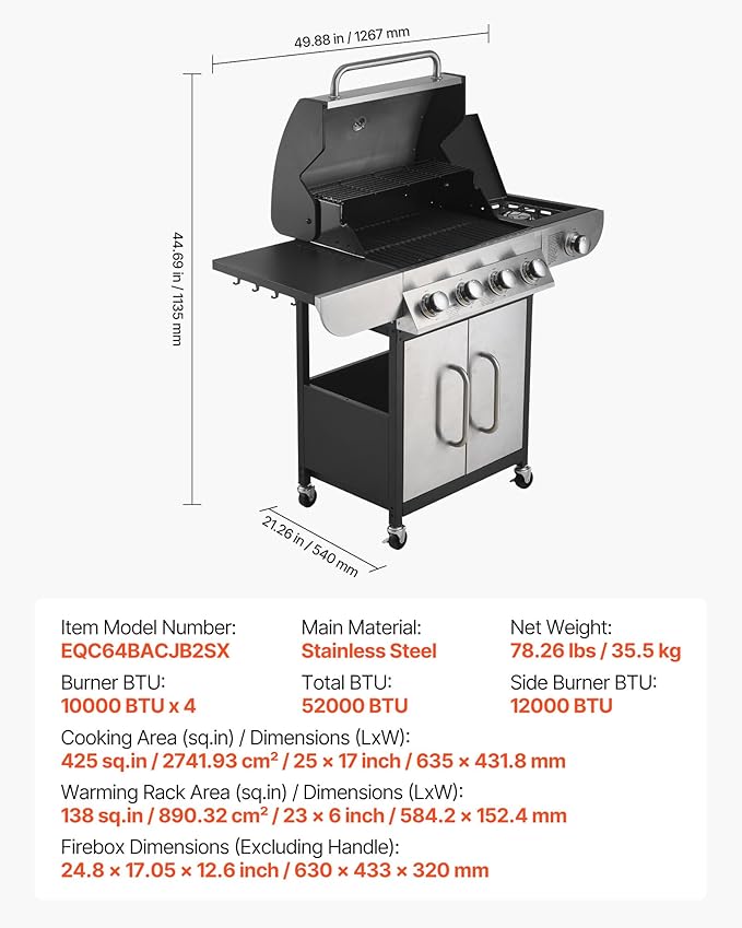 VEVOR Gas Grill, 4 Burner Propane Gas Grill with Side Burner, 425 SQ.In Grilling Area, Carbon Steel Enamel Grates, Outdoor 52,000 BTU Patio Garden BBQ Grills with Two Side Shelves, Stainless Steel