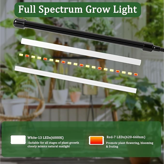 Full Spectrum Grow Lights for Indoor 6000K White Red 40 LEDs, 9-Level Dimmable Indoor Plant Growing Light for Seed Starting, Auto on/Off Clip Plant Grow Lamp, 3/9/12H Timer, Adjust Gooseneck