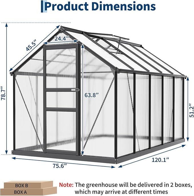 6x10FT Polycarbonate Greenhouse - Walk-in Outdoor Aluminum Frame Greenhouse with Roof Vent, Lockable Push Door for Garden, Backyard, Patio & Lawn(Black)