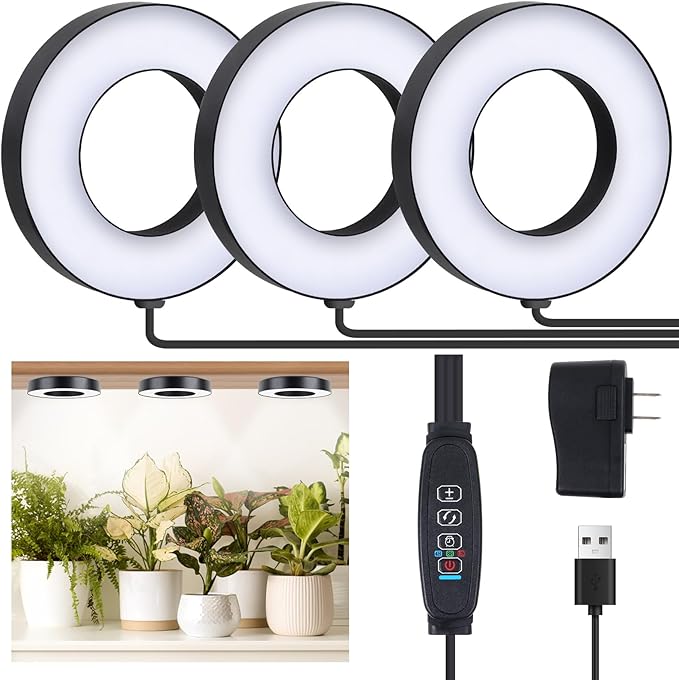 Grow Light for Indoor Plants, 144 LEDs Full Spectrum Halo Plant Light with Auto On/Off Timer (4/8/12H), 10-Level Dimmable, 3 Lighting Modes for Small Plants, Succulents (Black, Tri Head)