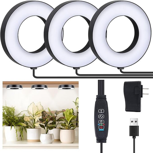 Grow Light for Indoor Plants, 144 LEDs Full Spectrum Halo Plant Light with Auto On/Off Timer (4/8/12H), 10-Level Dimmable, 3 Lighting Modes for Small Plants, Succulents (Black, Tri Head)