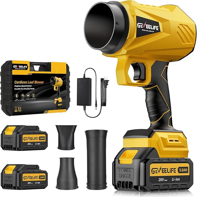 GEVEELIFE 2025 Upgraded Leaf Blower Cordless-800000 RPM Turbo Jet Blower with 2×5.0Ah Batteries & Fast Charger，Handheld Blower for Patio,Leaves, Lawn, Yard, Dust,Snow,Car Cleaning