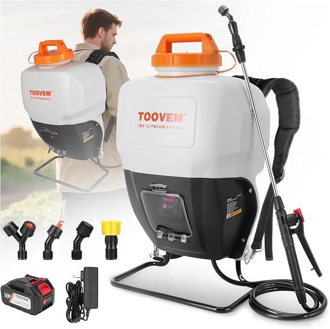 Toovem 4 Gallon Battery Powered Backpack Sprayer - Electric Garden Sprayer with 18V Strong Battery, Automatic Pressurization, 4 Nozzles, Comfortable Design for Lawn, Garden, Farms & Orchards Spraying