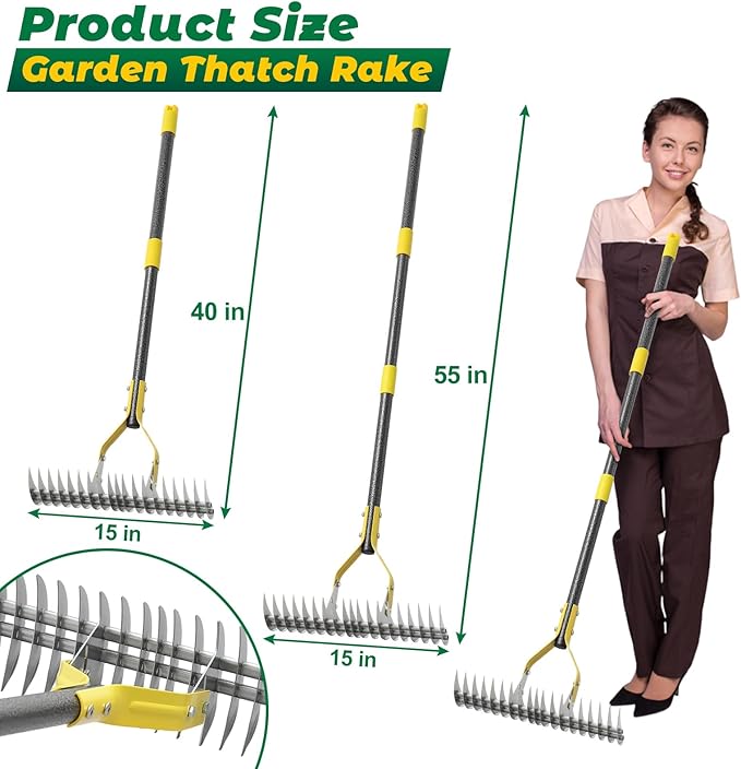 Thatch Rake,55 Inch Heavy Duty Lawn Thatching with Adjustable Stainless Steel Handle,Multiple Garden Rake for Leaves,Lawn Loosening Soil,Backyard,Garden