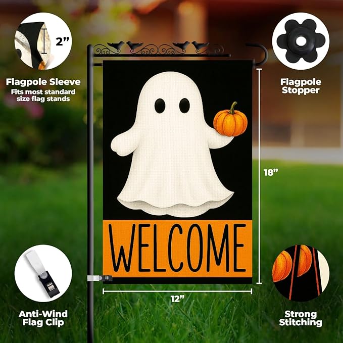 Welcome Halloween Garden Flag 12x18 – Double Sided Burlap Yard Flag for Outside with Ghost & Pumpkin – Weatherproof Fall Outdoor Decor