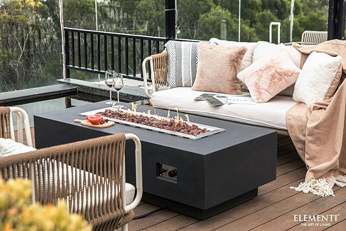 Elementi Granville Gas Fire Pit Bundle Concrete Fire Table, Outdoor Fire Pit Electronic Ignition | Canvas Cover, Lava Rock Included | Free AMS Wind Guard | Dark Gray (Natural Gas)