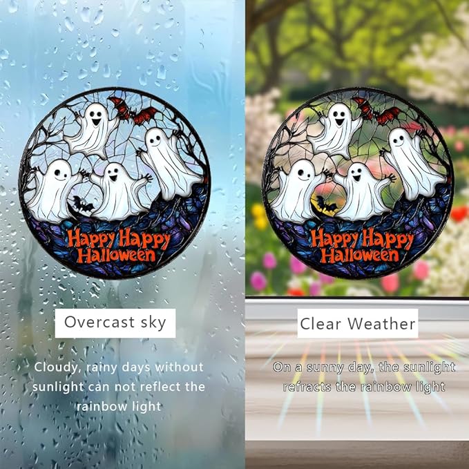 Halloween Sun Catcher - 8 Inch Round Suncatcher for Window Hanging Decoration - Creates Indoor Rainbows Light Refraction - Spooky Ghost, Witch, Pumpkin Design - Suction Cup Hook & Chain