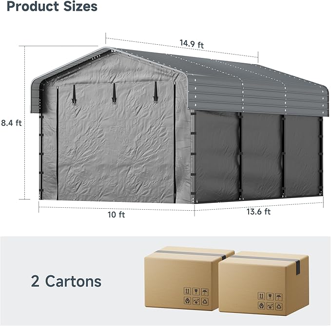 10x15FT Metal Carport Kits with Galvanized Steel Roof, Heavy Duty Metal Frame Carports Canopy with Removable Sidewalls, Garage Car Tent Shelter for Tractors, Boat, Car, Gray