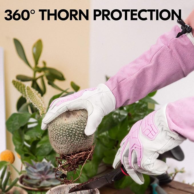 Vgo... 1-Pair Premium Geniune Goat Leather Extra-long Cuff Thornproof, Anti-abrasion, Anti-Impact Gardening Gloves (Size M, White, GA9659)