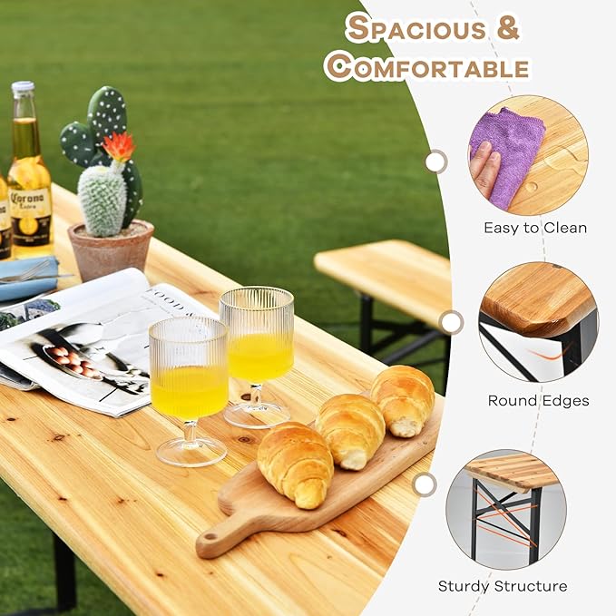 NAFORT 6FT Picnic Table Set, 3-Piece Folding Beer Table & Bench, Portable Wooden Picnic Tables for Outdoors Dining Table Set w/Metal Frame for Patio Garden