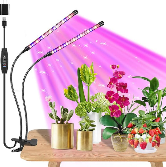 Black 2-Tube Clip-On Grow Light with Red/Blue/Yellow LEDs, Full Spectrum, 6/12/16H Timer, 3 Modes & 10 Dimmable Levels, for Indoor Plants (8W) (1 Pack)