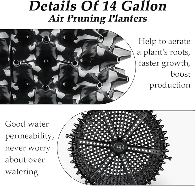 14 Gallon Air Pruning Planters, Plastic Pots for Plants, Large Plant Pots, Fruit Vegetable Garden Self-Planting Planters, Size 16"x16", Black, 5P