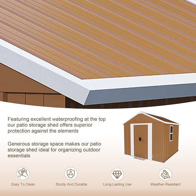 6x4 FT Outdoor Steel Storage Shed with Clear Windows, Sliding Lockable Door & Ventilation, Brown and White Weather-Resistant Metal Tool Shed for Garden, Backyard, Lawn, and Utility Storage