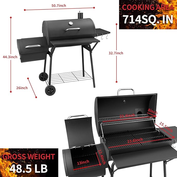 Barrel Charcoal Grill with offset smoker, 714 Square Inches Cooking Area, Outdoor BBQ Grill with Front and Side Shelf, Perfect for Backyard, Patio Parties and Picnics