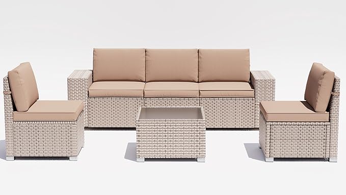 6 Pieces Patio Furniture Set, Outdoor Sectional Wicker Sofa with Thickened Cushions and Coffee Table, High Back Rattan Patio Conversation Sets for Garden Backyard, Khaki