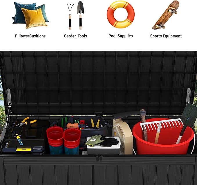 Mars Villa 180 Gallon Outdoor Storage Box, Large Resin Deck Box Waterproof, Storage Bin for Outside Patio Furniture Cushions, Pool Supplies, with Hydraulic Hinge, UV Resistant and Weatherproof, Black