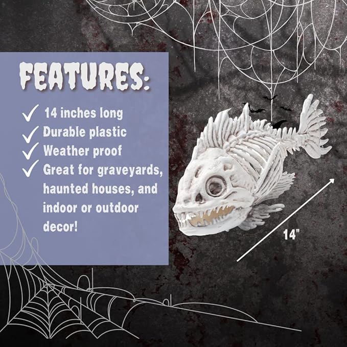 SCS Direct Piranha Fish Skeleton Halloween Decoration (2 Pack) 10" Long - Weather Resistant for Indoor/Outdoor - Upgrade Your Fall Graveyard Haunted House Party Props, Trick-or-Treat Decor