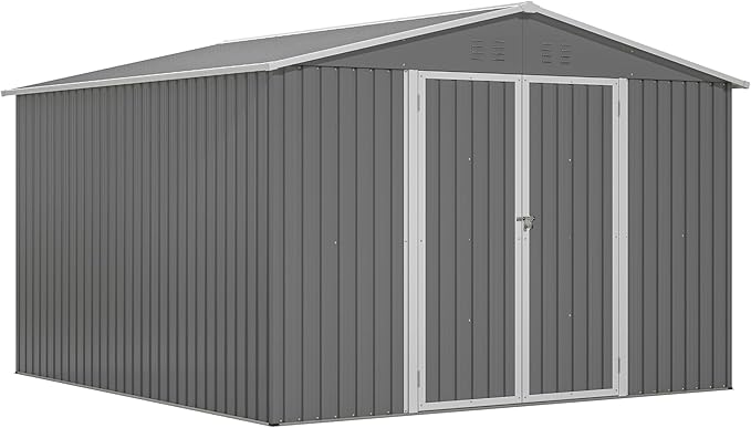 10×10 FT Outdoor Storage Shed,Metal Aluminum Waterproof Tool Sheds with Foundation,Doors & Vents,Heavy-Duty Sheds Unit W/Lock & Key,for Storing Bicycles,Lawnmowers,Barbeques,Gray
