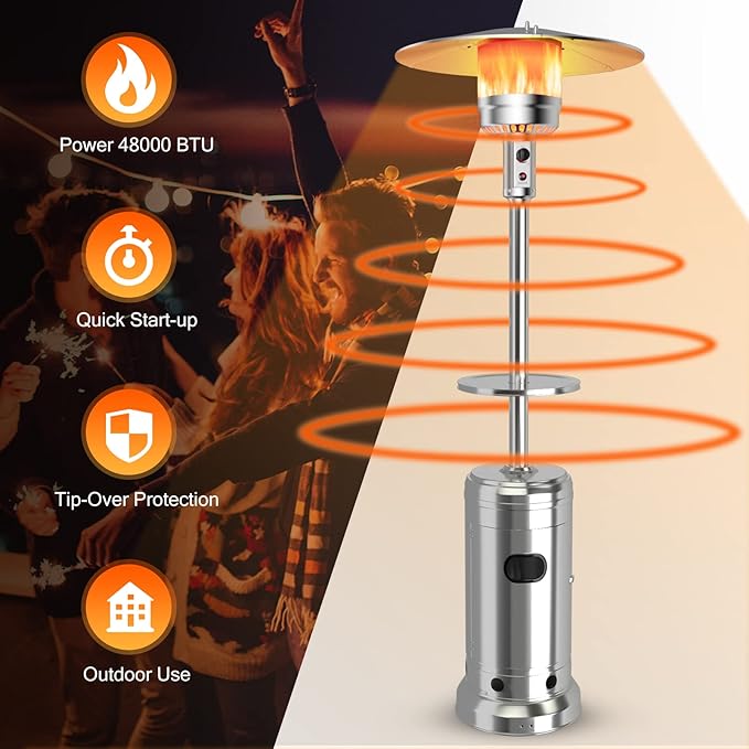 Giantex Outdoor Propane Heater, 48000 BTU Standing Gas Heater w/Shelf Tabletop & Wheels, Tip-Over Protection & Auto Shut Off, CSA Certified, Portable Patio Heater for Home & Commercial Use (Silver)