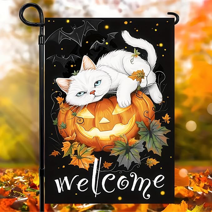 Welcome Halloween Garden Flags 12x18 Double Sided Halloween Cat Pumpkin Garden Flag Yard Outside Decor Holiday Outdoor Flag Decorations Home Banner