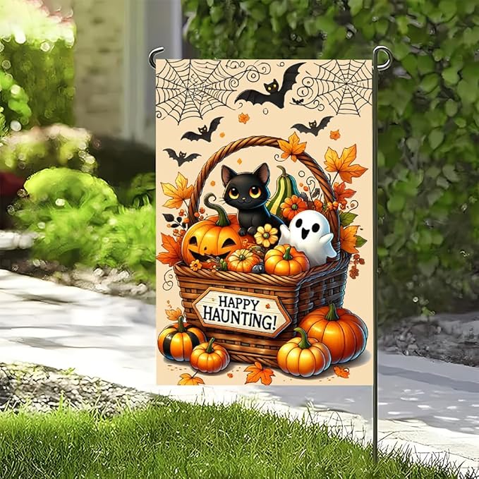 Spooky Halloween Cat Ghost Garden Flag 12x18 Inch Double Sided Yard Outdoor Decoration